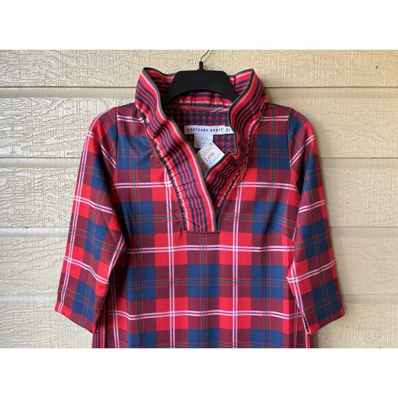 Gretchen Scott womens Red Middleton Plaid 3/4 Sleeve Ruffle Neck Dress size XS - Picture 3 of 5